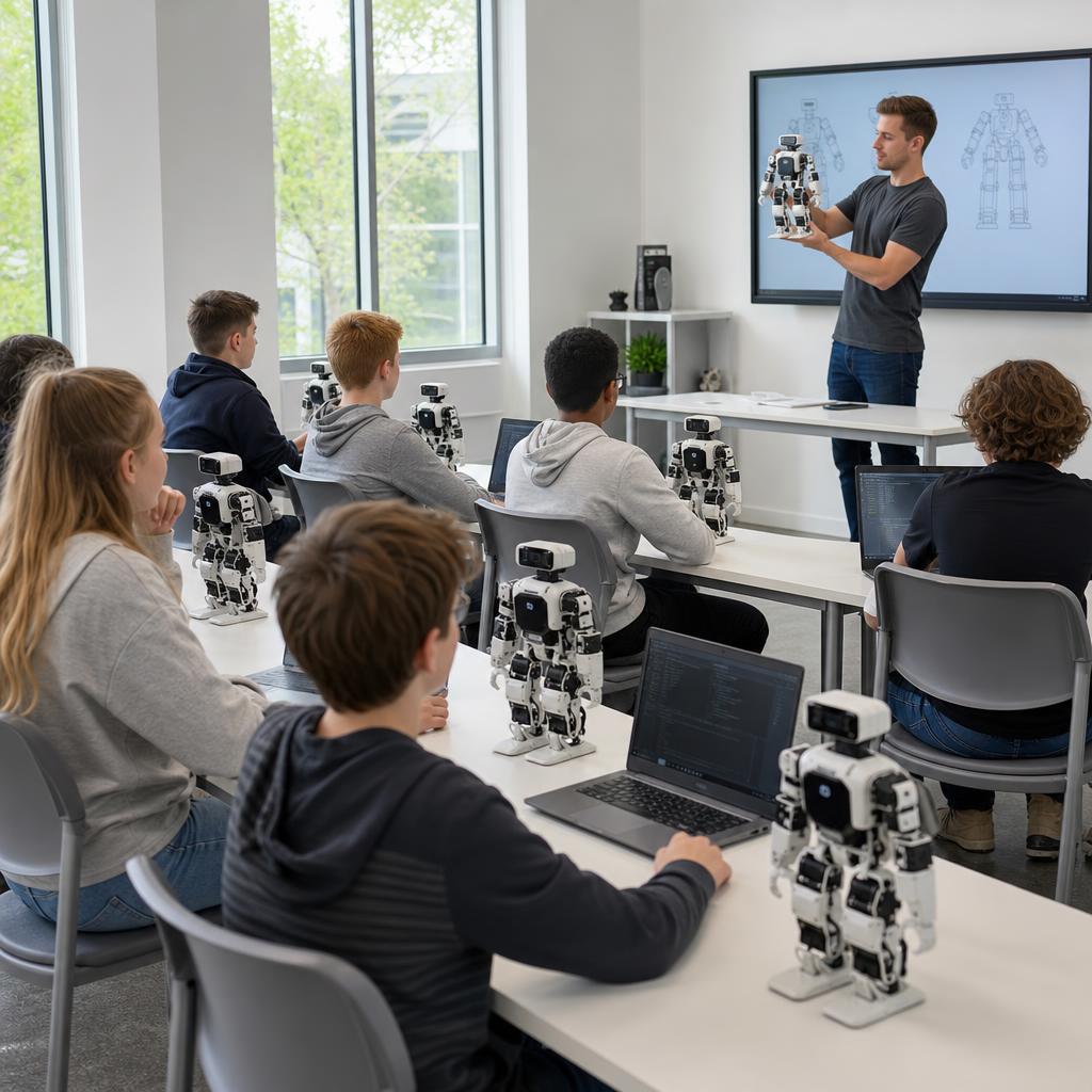 Students in a HumanoidX robotics academy classroom